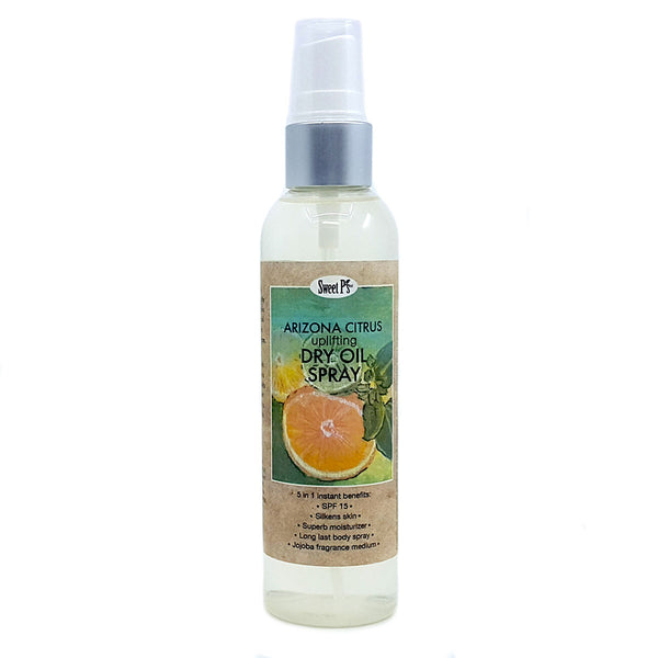 Certified organic jojoba oil spray. Goes on light and leaves skin feeling silky smooth. Arizona citrus scent. Made with organics and cruelty free!