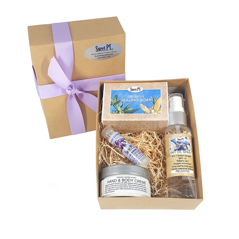 mini spa skincare gift set with desert lavender dry oil spray and lip balm. Creosote healing soap. Fragrance free hand and body creme