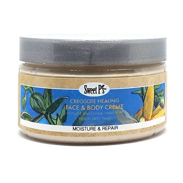 healing creosote creme for face and body. super moisturizing and good for dry skin. helps heal dry skin. organic skincare. antioxidant rich. not tested on animals, cruelty free. no parabens.