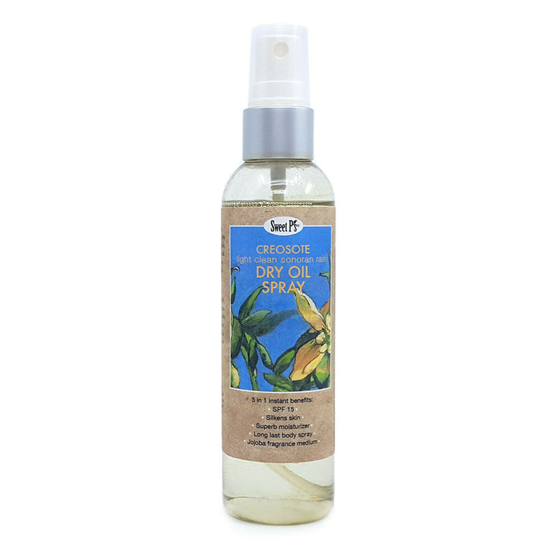 Skin softening, certified organic, dry oil spray smells like the desert after a summer rain. This light spray instantly makes skin feel silky smooth and protects with SPF 15.