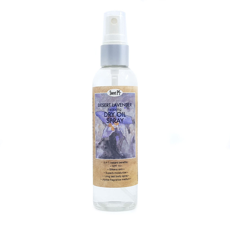 Desert lavender dry oil spray is made with certified organic jojoba oil. Spray on for instant silky smooth skin and relax with the calming lavender scent.