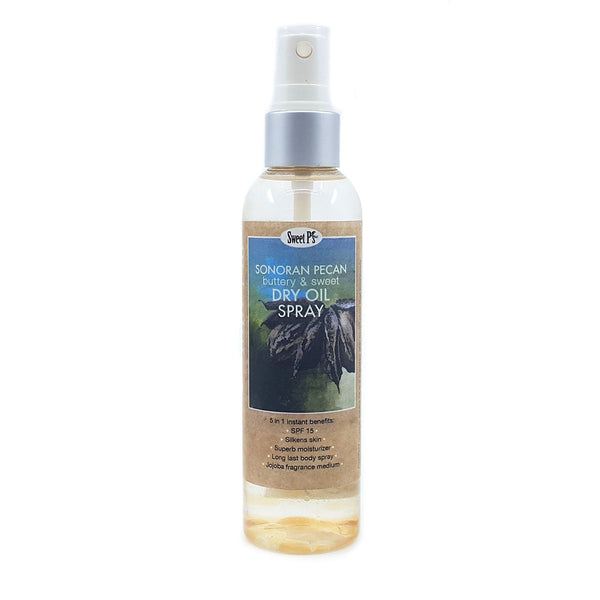 Skin softening dry oil spray is made with certified organic jojoba oil. Sonoran pecan has a rich, almost chocolaty-vanilla scent. No parabens or SLS.