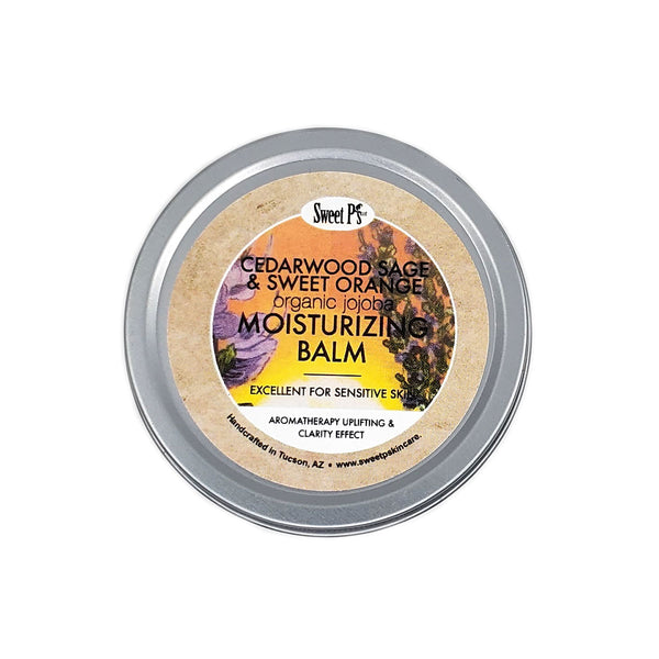 Try cedarwood, sage & sweet orange moisturizing balm. Made with certified organic jojoba oil, this balm is excellent for sensitive skin. It also has an uplifting aromatherapy effect.
