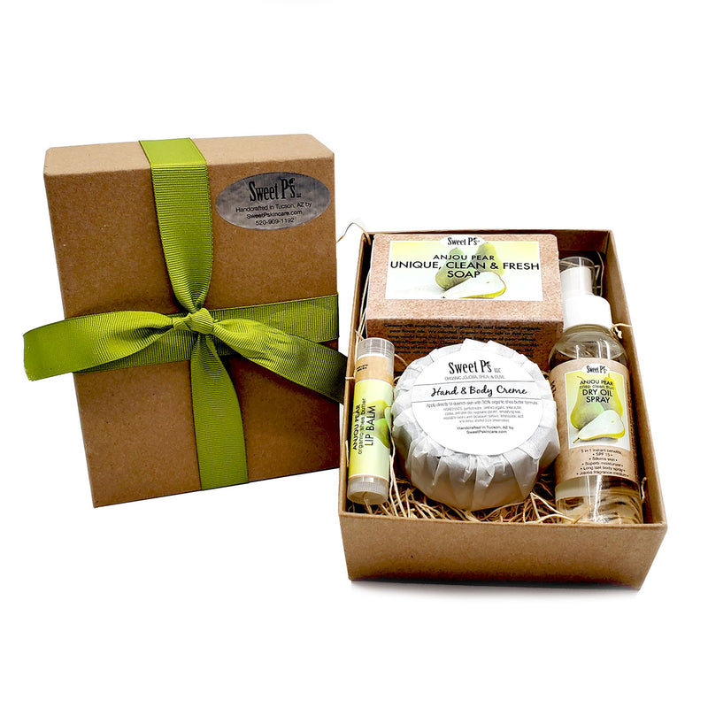 organic skin care gift set with soap, hand cream, lip balm and dry oil spray. pear scented, cruelty free, not tested on animals